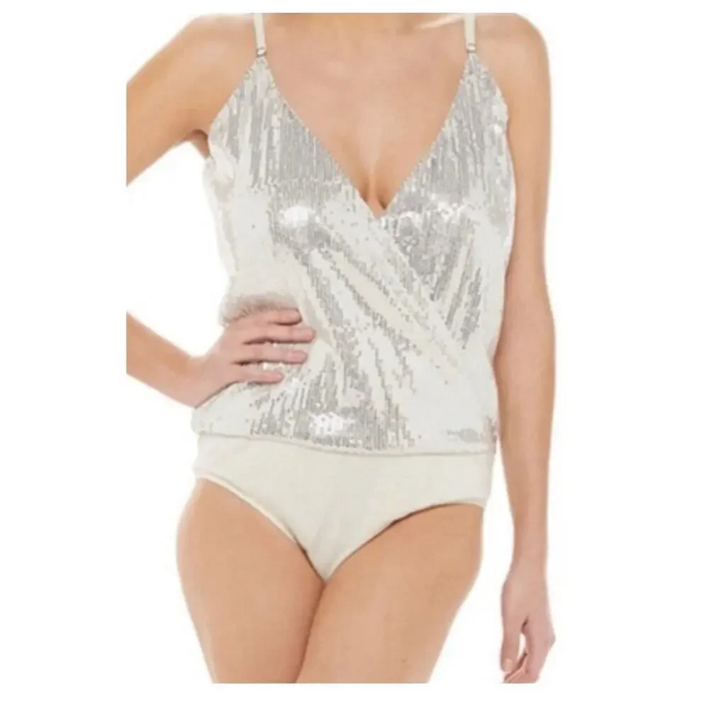 NWT Jennifer Lopez XLarge Sequin Cream/Silver Wrap Bodysuit Shirt